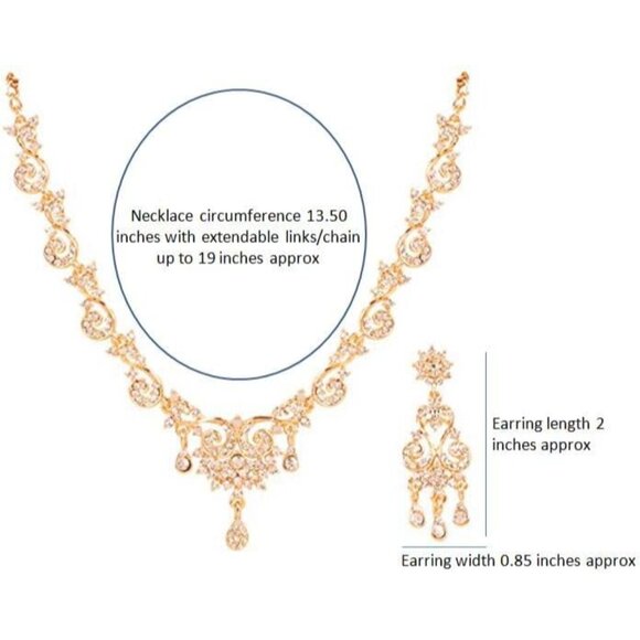 Indian Bollywood Rhinestone Necklace Set in Gold & White, Elegant Design - Picture 5 of 9